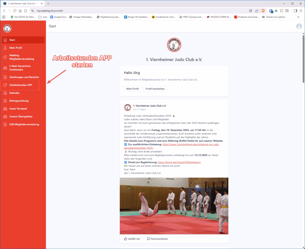 Mitgliederportal Arbeitsstunden APP starten