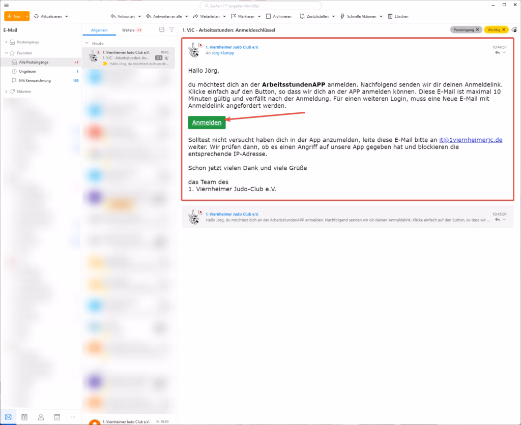 E-Mail Client - E-Mail zur Anmeldung an der Arbeitsstunden APP