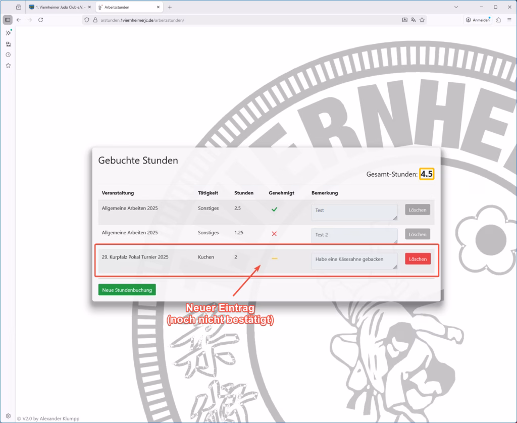 Arbeitsstunden APP neuen Eintrag erzeugen